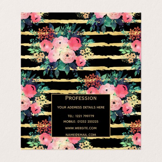 ピンクかわいらしフラワ絵を描ーのストライプ金ゴールドパターン 名刺 (内部フラット)