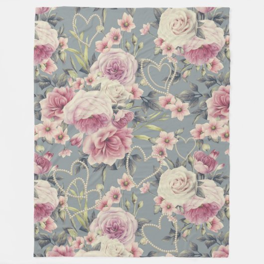 ピンクかわいらしフローラとパールハートパターン フリースブランケット (正面)