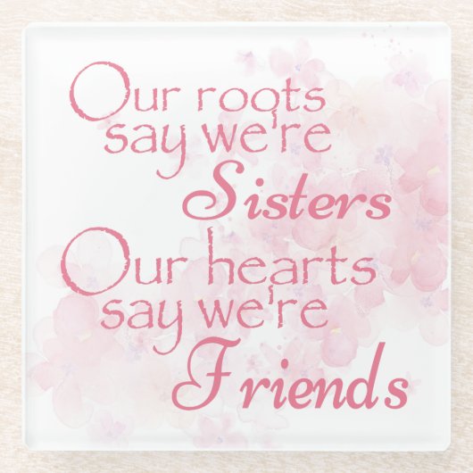 ピンクかわいらしフローラウォーターカラーシスターフレンズ引用文 ガラスコースター (正面)