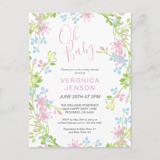 ピンクかわいらしフローラオ赤ちゃん女の子の赤ちゃんシャワー インビテーションポストカード (正面)