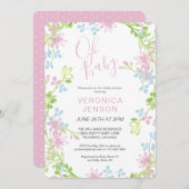 ピンクかわいらしフローラオ赤ちゃん女の子の赤ちゃんシャワー 招待状 (正面/裏面)