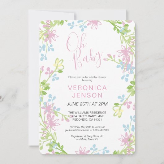 ピンクかわいらしフローラオ赤ちゃん女の子の赤ちゃんシャワー 招待状 (正面)