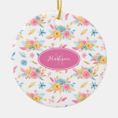 ピンクかわいらしフローラカスタムグリーティングクリスマスツリー セラミックオーナメント (正面)