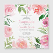 ピンクかわいらしフローラキンセアニラシルバーティアラスクエア マグネット招待状 (正面)