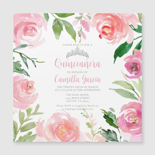 ピンクかわいらしフローラキンセアニラシルバーティアラスクエア マグネット招待状 (正面)