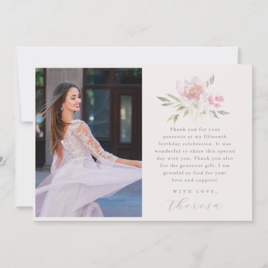 ピンクかわいらしフローラキンセアニラ写真ありがとう 招待状 (裏面)