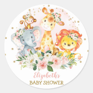 ピンクかわいらしフローラサファリ動物ベビーシャワー ラウンドシール