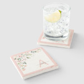 ピンクかわいらしフローラスクリプトモノグラムイニシャル名 ストーンコースター (横)