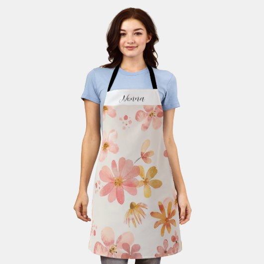 ピンクかわいらしフローラノパーソナライズされたナ エプロン (着用した状態)