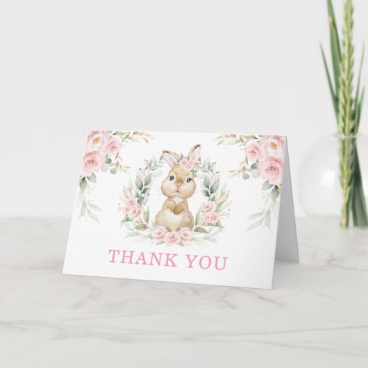 ピンクかわいらしフローラバニーラビットベビーガール折りたたみ サンキューカード (正面)