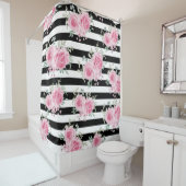 ピンクかわいらしフローラバラブラックストライプ水色 シャワーカーテン (インサイチュ)
