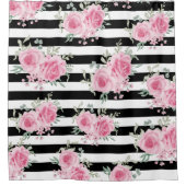 ピンクかわいらしフローラバラブラックストライプ水色 シャワーカーテン (正面)