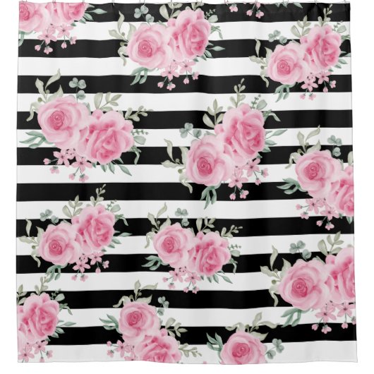 ピンクかわいらしフローラバラブラックストライプ水色 シャワーカーテン (正面)