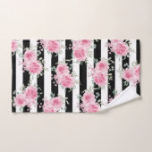 ピンクかわいらしフローラバラブラックストライプ水色 バスタオルセット (ハンドタオル)