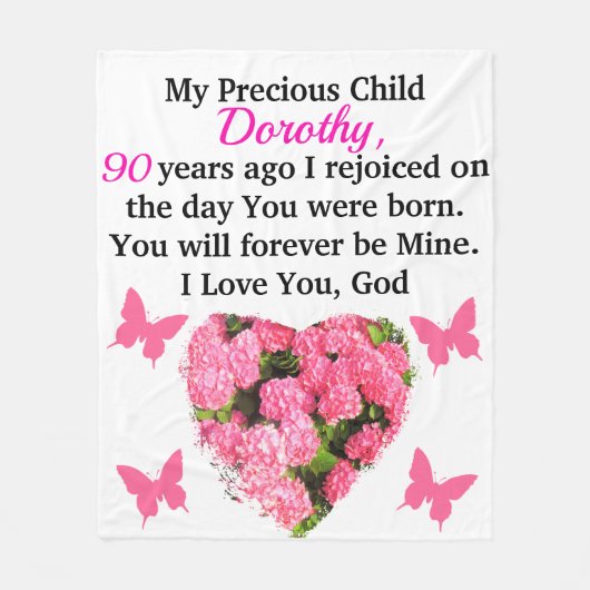 ピンクかわいらしフローラパーソナライズされた90番目誕生日 フリースブランケット (正面)