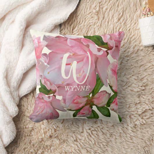 ピンクかわいらしフローラフォトアイボリーモノグラム名 クッション (ブランケット)