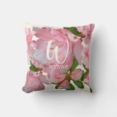 ピンクかわいらしフローラフォトアイボリーモノグラム名 クッション (正面)