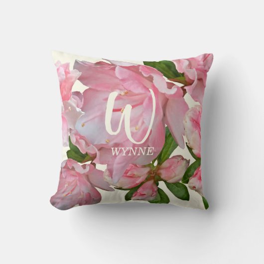 ピンクかわいらしフローラフォトアイボリーモノグラム名 クッション (正面)