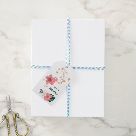 ピンクかわいらしフローラフラミンゴ誕生日 ギフトタグ (より糸付き)