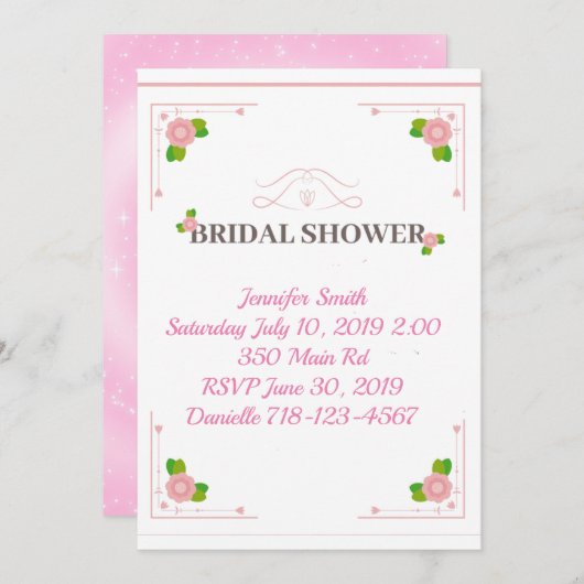 ピンクかわいらしフローラブライダルシャワー 招待状 (正面/裏面)