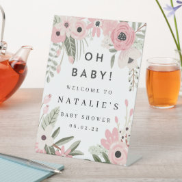 ピンクかわいらしフローラベビーシャワー歓迎ペデスタル 台座サイン