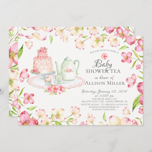 ピンクかわいらしフローラベビーティーパーティの招待状 招待状 (正面/裏面)