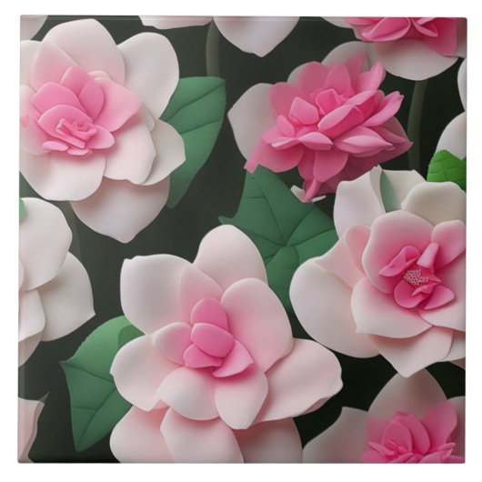 ピンクかわいらしフローラボーホ緑のパターン タイル (正面)