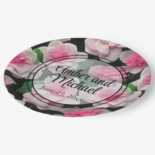 ピンクかわいらしフローラボーホ緑のパターン ペーパープレート (アングル)