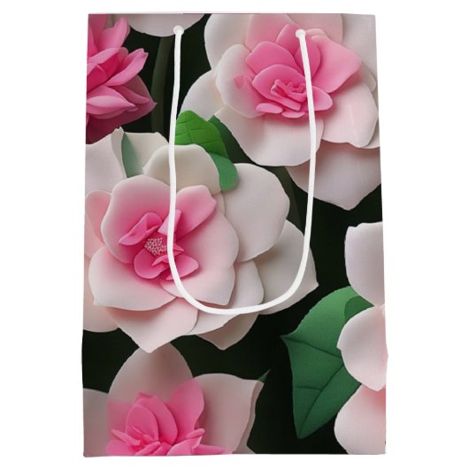 ピンクかわいらしフローラボーホ緑のパターン ミディアムペーパーバッグ (裏面)