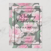 ピンクかわいらしフローラボーホ緑のパターン 招待状 (正面/裏面)