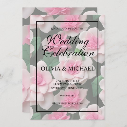 ピンクかわいらしフローラボーホ緑のパターン 招待状 (正面/裏面)