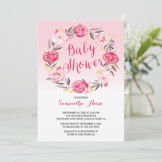 ピンクかわいらしフローラリースガールズベビーシャワー 招待状 (スタンド正面)