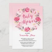 ピンクかわいらしフローラリースガールズベビーシャワー 招待状 (正面/裏面)