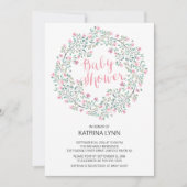 ピンクかわいらしフローラリースガールズベビーシャワー 招待状 (正面)