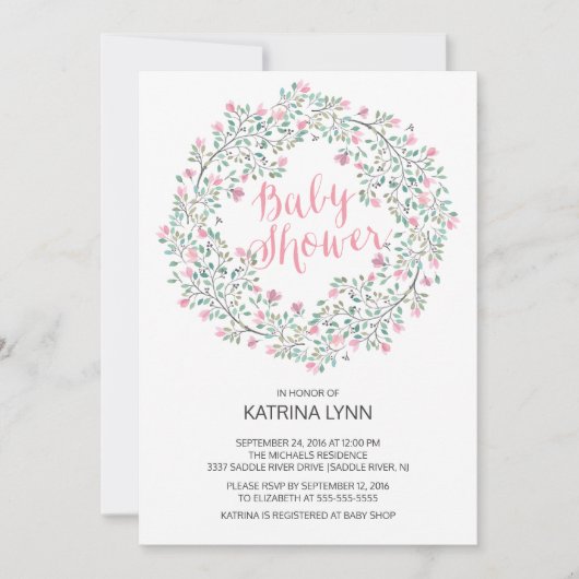 ピンクかわいらしフローラリースガールズベビーシャワー 招待状 (正面)