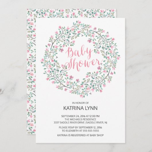 ピンクかわいらしフローラリースガールズベビーシャワー 招待状 (正面/裏面)