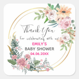 ピンクかわいらしフローラリースサンキューベイビーシャワー スクエアシール