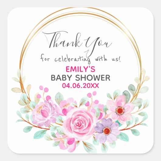 ピンクかわいらしフローラリースサンキューベイビーシャワー スクエアシール (正面)