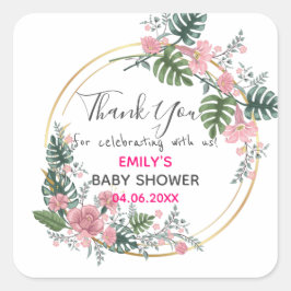 ピンクかわいらしフローラリースサンキューベイビーシャワー スクエアシール