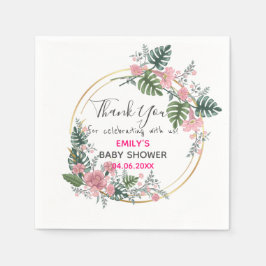 ピンクかわいらしフローラリースサンキューベイビーシャワー スタンダードカクテルナプキン