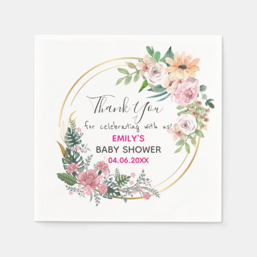 ピンクかわいらしフローラリースサンキューベイビーシャワー スタンダードカクテルナプキン (正面)