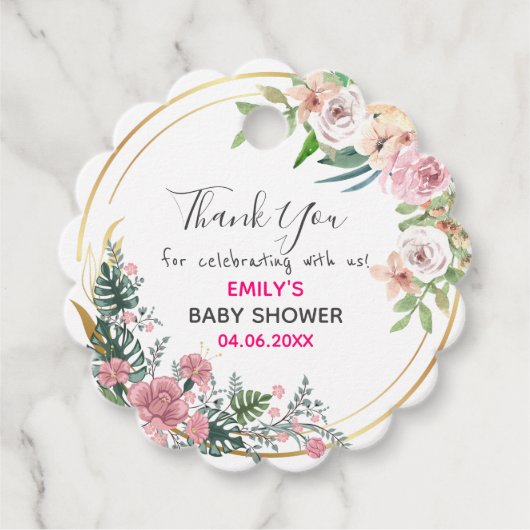 ピンクかわいらしフローラリースサンキューベイビーシャワー フェイバータグ (正面)