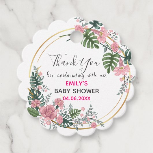 ピンクかわいらしフローラリースサンキューベイビーシャワー フェイバータグ (正面)