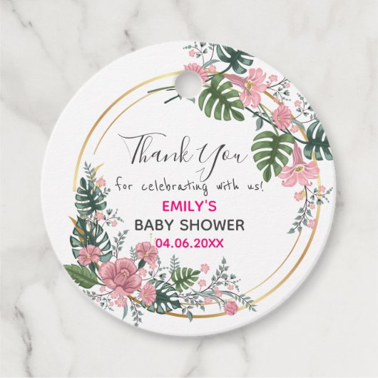 ピンクかわいらしフローラリースサンキューベイビーシャワー フェイバータグ (正面)