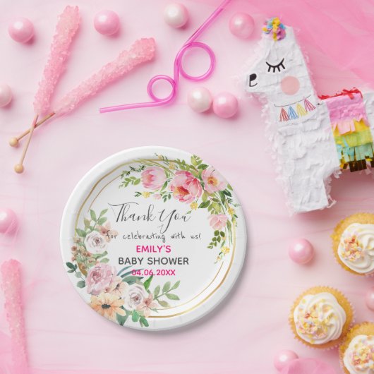 ピンクかわいらしフローラリースサンキューベイビーシャワー ペーパープレート (パーティー)