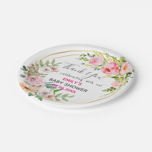 ピンクかわいらしフローラリースサンキューベイビーシャワー ペーパープレート (アングル)