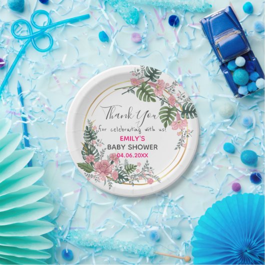 ピンクかわいらしフローラリースサンキューベイビーシャワー ペーパープレート (パーティー)