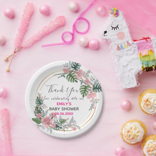 ピンクかわいらしフローラリースサンキューベイビーシャワー ペーパープレート (パーティー)