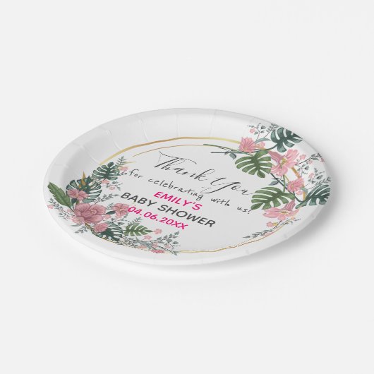 ピンクかわいらしフローラリースサンキューベイビーシャワー ペーパープレート (アングル)