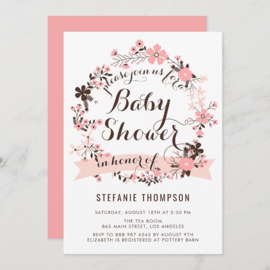 ピンクかわいらしフローラリースベビーシャワー 招待状 (正面/裏面)
